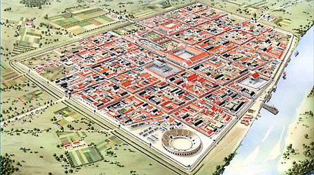 De Romeinse stad Colonia Ulpia Traiana in vogelperspectief.