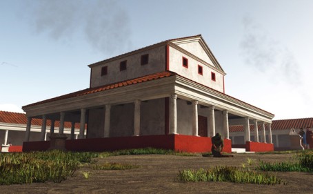 Reconstruction image of the large Gallo-Roman ambulatory temple on Insula 13, Colonia Ulpia Traiana
