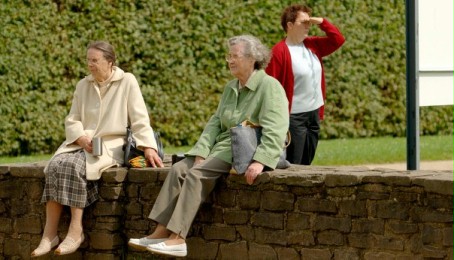 Two seniors resting on a wall in the Park with a woman reading an information board in the background.