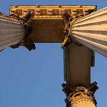 Three pillars and the entablature seen from below.