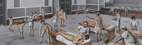 Illustration showing four masseurs at work in the baths and the busy hall with one of the bathing pools in the background.