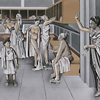 Een illustratie toont een groot aantal Romeinse vrouwen in een kleedruimte met kledingvakken die bewaakt worden.
