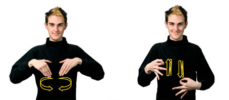 Auf zwei Bildern zeigt ein Junge die Handzeichen für das Wort Amphitheater in Gebärdensprache.
