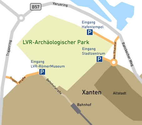 Karte von Xanten mit dem genauen Anfahrtsweg zum APX und zum RömerMuseum