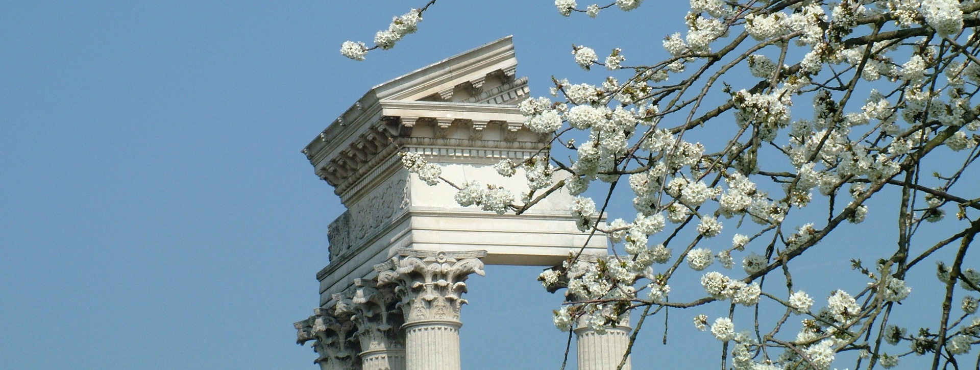 Gable of the Harbour Temple with ablossoming bough in the foreground