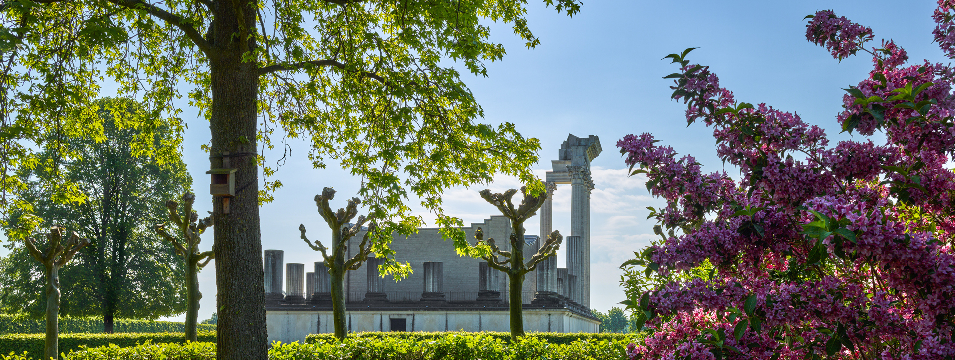 Haventempel achter bloeiende bomen