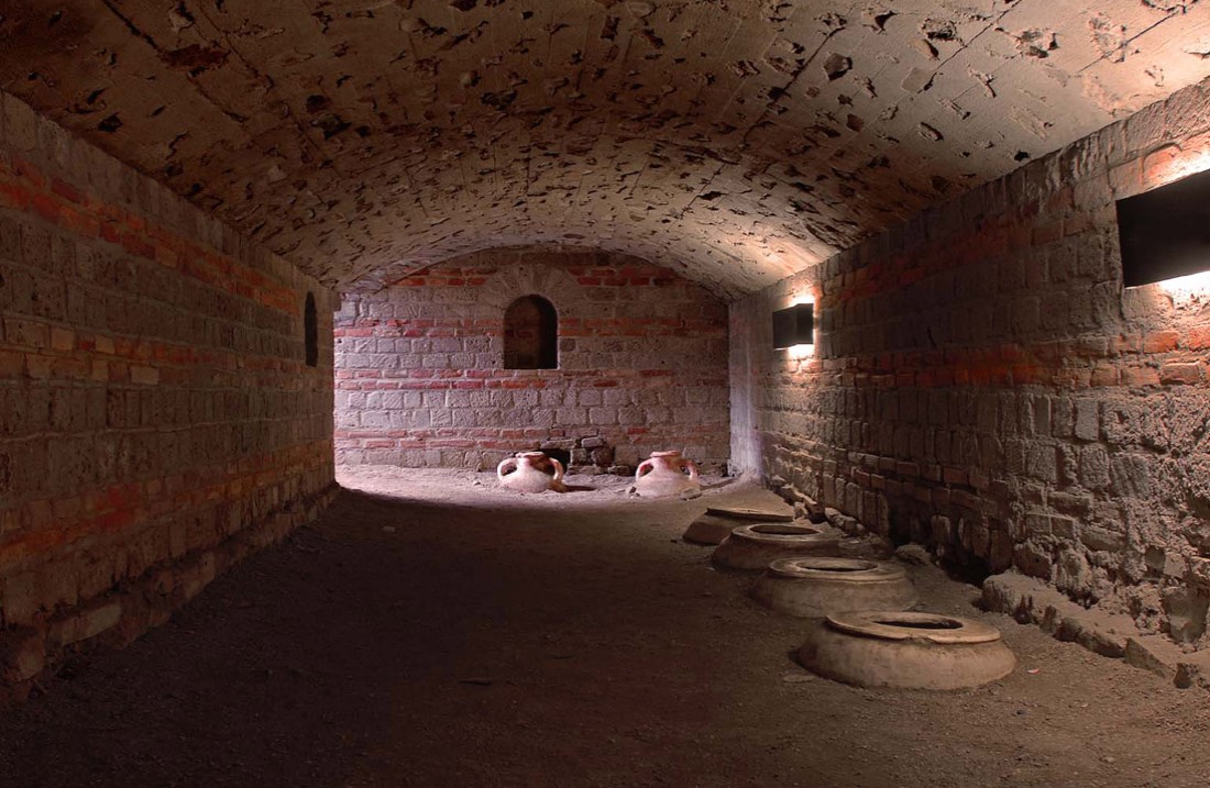 Low dark cellar with buried storage vessels