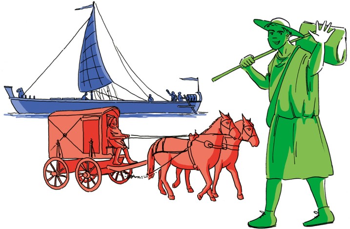 Illustration of a Roman ship, a two-horse covered wagon and a waving traveller