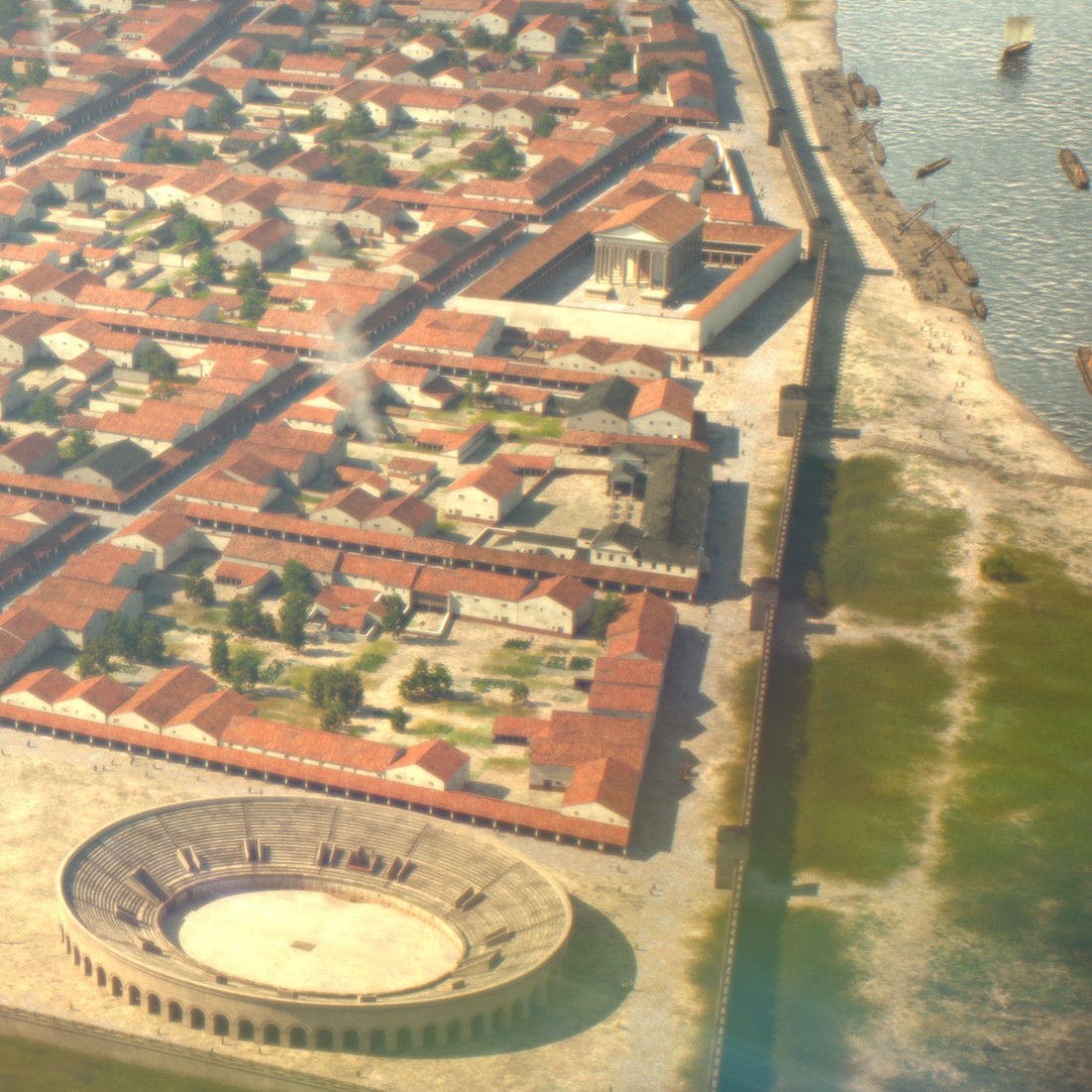 Rendering van een luchtfoto van de Romeinse stad Colonia Ulpia Traiana zoals die er rond het jaar 200 zou hebben uitgezien